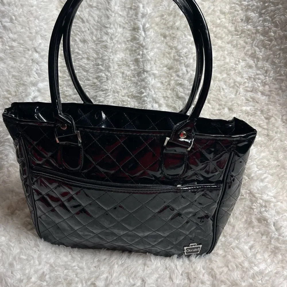 Caboodles Black Faux leather Patent Quilted Makeup Shoulder Bag.